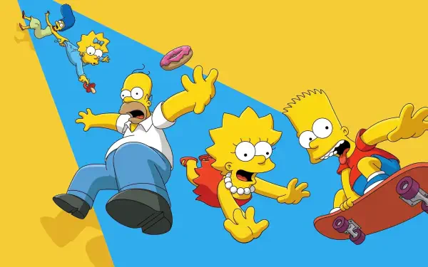 The Simpsons: Homer, Lisa, Bart and Maggie tumbling across a blue diagonal on a yellow field — colorful 4K Ultra HD PC desktop wallpaper and background.