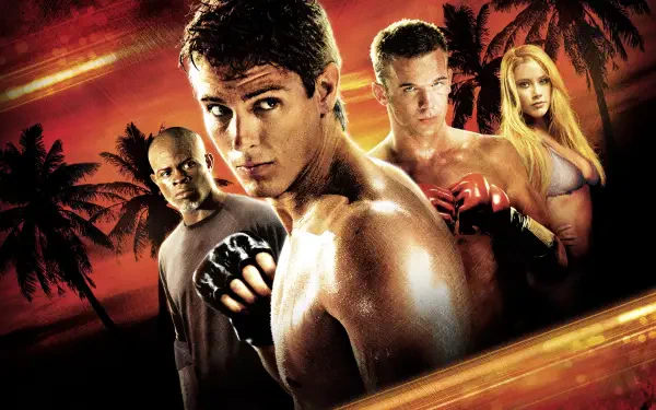 Never Back Down 4K Ultra HD PC desktop wallpaper: four fighters at sunset, a muscular fighter in the foreground, clenched fists, palm trees and a fiery sky.