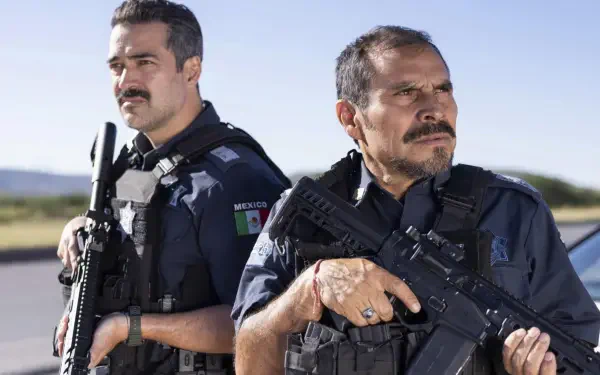 4K Ultra HD PC wallpaper titled Facing El Chapo — two armed Mexican officers in tactical gear stand alert by a roadside under a clear blue sky.
