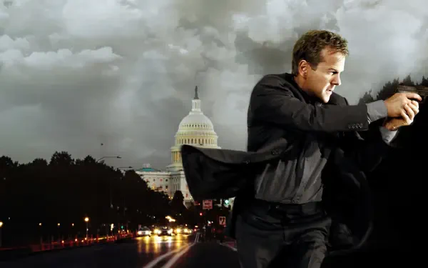 Man in dark suit aiming a handgun in front of the U.S. Capitol at night, storm clouds and wet streets illuminated by city lights — 24, 4K Ultra HD PC Desktop Wallpaper and Background.