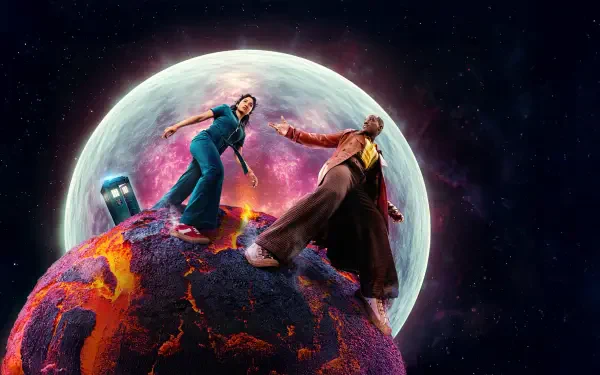 Doctor Who (2023) 4K Ultra HD PC desktop wallpaper: the Doctor and companion stand on a molten mini-world beside the TARDIS, a luminous moon and starfield looming behind them.