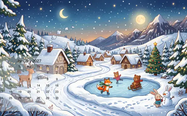 January 2027 calendar 5K UHD desktop wallpaper: snowy winter village at night, moonlit mountains, frozen pond with skating animals, decorated fir trees and cozy cottages.