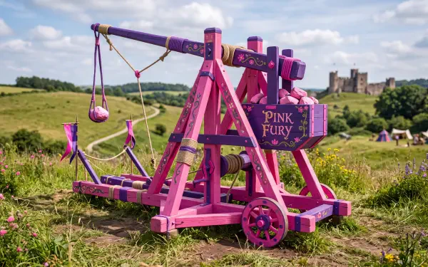 Vibrant pink trebuchet catapult labeled Pink Fury on a grassy field with a distant castle, 5K Ultra HD PC desktop wallpaper background.