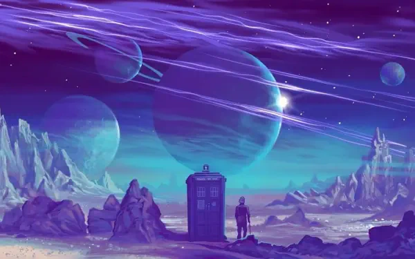 Doctor Who (2005) 4K Ultra HD PC desktop wallpaper: TARDIS and solitary figure on a purple alien shoreline beneath ringed planets and streaking auroras.