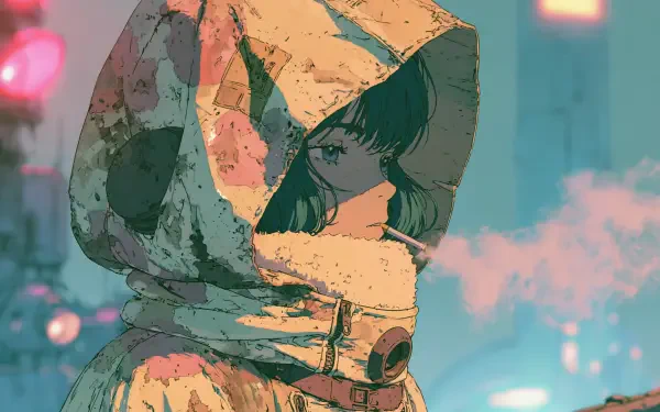 Anime girl astronaut with helmet and hood, cigarette smoke drifting through neon haze — 2K Quad HD PC desktop wallpaper/background.