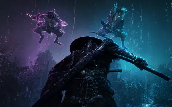 Phantom Blade Zero 4K Ultra HD PC desktop wallpaper and background: cloaked samurai warrior brandishing a sword amid neon purple and teal specters.