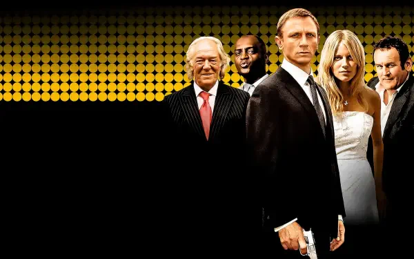 Layer Cake 4K Ultra HD PC desktop wallpaper/background: five characters in formal attire—lead holding a gun—posed against a black-to-gold dotted gradient.