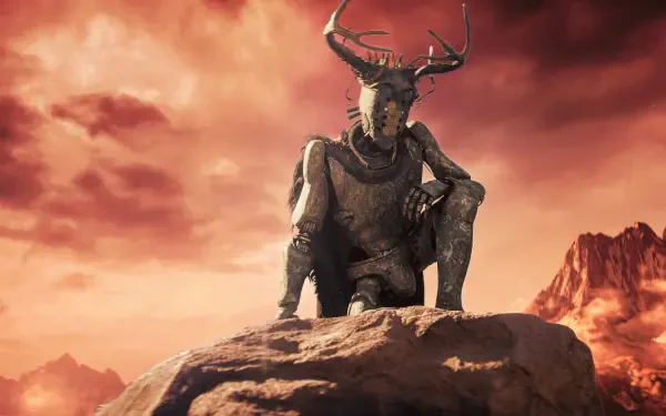 Rebel Moon - Part Two: The Scargiver HD PC desktop wallpaper: horned warrior in armor kneels on a rocky outcrop beneath a blood-red sky.
