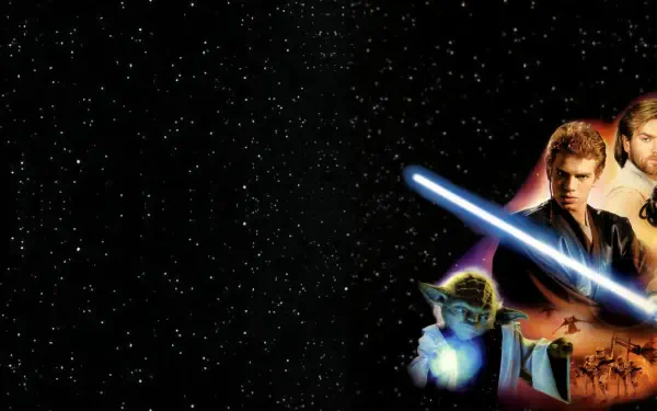 Star Wars Episode II: Attack Of The Clones 2K Quad HD PC desktop wallpaper: starfield with Yoda, Anakin and Obi‑Wan at right, a blue lightsaber cutting across the image.