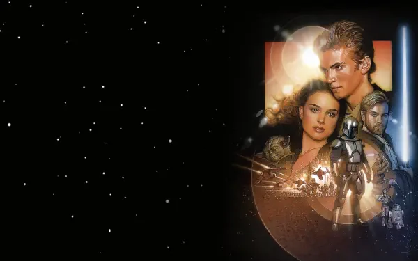 Star Wars Episode II: Attack Of The Clones 4K Ultra HD PC wallpaper: Anakin, Padmé and Obi‑Wan with Clone troopers and Jango Fett against a starry black backdrop.