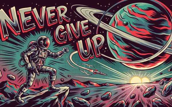4K Ultra HD PC desktop wallpaper: stylized astronaut on a rocky alien landscape reaching toward a vibrant ringed planet as NEVER GIVE UP arcs across a dramatic space sunrise.