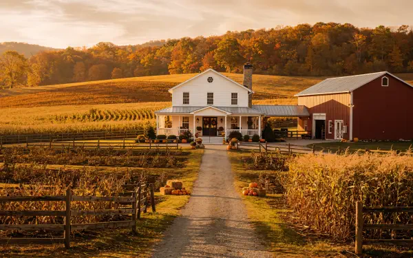 Autumn farm scene: white farmhouse and red barn beside golden fields and cornrows, tree-lined hills at sunset — 4K Ultra HD PC desktop wallpaper.