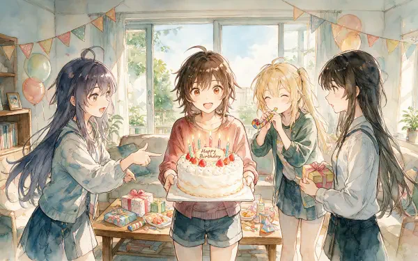 Anime birthday scene of four girls celebrating with a cake and gifts in a sunlit room, festive banners and smiles — 4K Ultra HD PC desktop wallpaper/background.