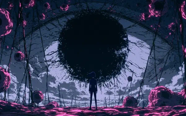 Anime dark 2K Quad HD PC desktop wallpaper and background: silhouette in a cave facing a colossal black eye-like orb, surrounded by glowing pink growths — moody dark anime scene.