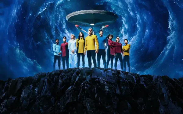 Star Trek: Strange New Worlds 4K Ultra HD PC desktop wallpaper — the Enterprise crew in classic uniforms stand on a rocky ledge beneath their starship and a swirling blue cosmic vortex.