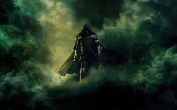 Avengers: Doomsday — hooded, armored figure emerging through swirling green clouds; 4K Ultra HD PC desktop wallpaper and background.