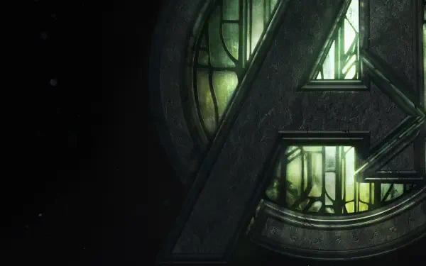 Avengers: Doomsday — close-up of the Avengers A emblem with eerie green backlight; 4K Ultra HD PC desktop wallpaper background.