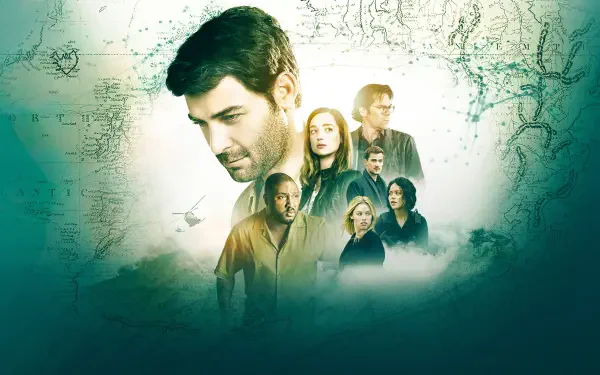 4K Ultra HD PC desktop wallpaper for Zoo (TV Show): layered portraits of the ensemble over a misty world map background.