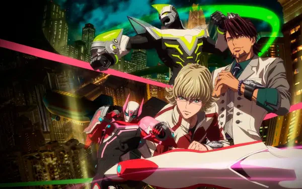 HD PC desktop wallpaper background of Tiger & Bunny: Barnaby and Kotetsu in armored suits posed before a neon-lit cityscape, with dynamic green and pink light trails.