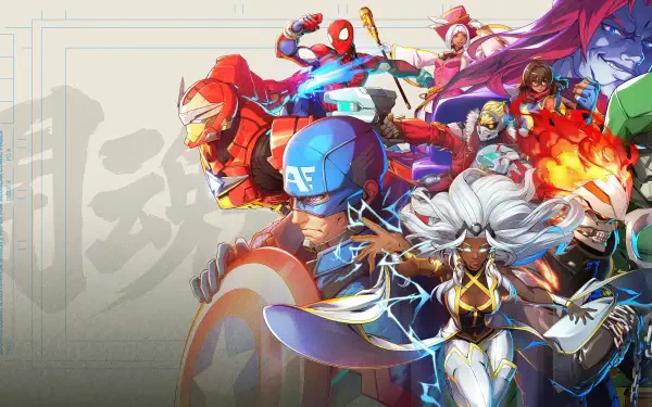 Marvel Tokon: Fighting Souls 4K Ultra HD PC wallpaper: vibrant team of superheroes in dynamic poses — shield-bearing leader, armored flyer, web-slinger and energy-wielding fighters.