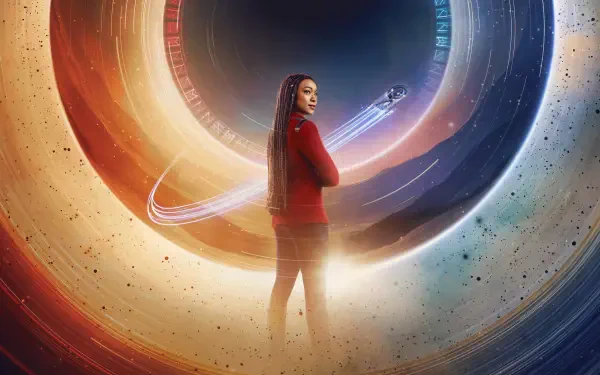 Star Trek: Discovery 4K Ultra HD PC desktop wallpaper/background: a Starfleet officer in a red uniform stands before a luminous circular warp ring, colorful cosmic swirls and stardust backdrop.