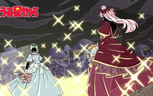 HD PC desktop wallpaper from Urusei Yatsura (2022) anime featuring Lum and Carla — Carla in a crimson gown with pink hair, Lum in a pale bridal dress amid glowing golden sparks and dark swirling clouds.