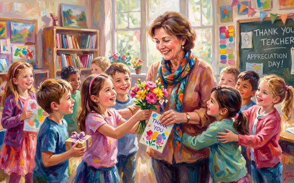 5K Ultra HD desktop wallpaper of a teacher appreciation scene: joyful children in a classroom present flowers and handmade cards to a smiling teacher.