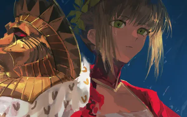 4K anime desktop wallpaper of Nero Claudius (Fate/Extra), close-up portrait in a red imperial robe with golden laurel and regal mask, dramatic lighting against a deep blue background.