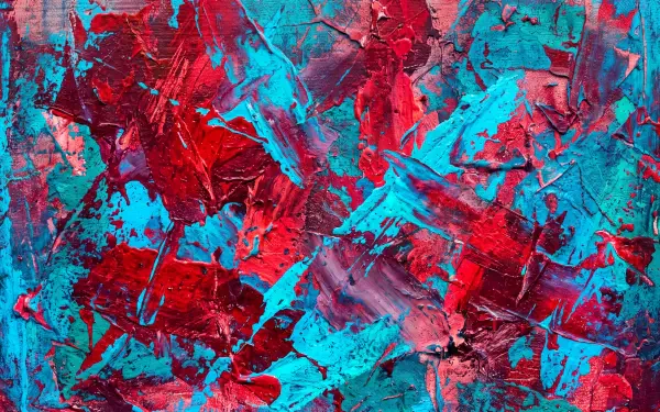 Abstract paint texture of bold red and turquoise impasto strokes — 5K Ultra HD PC desktop wallpaper and background.