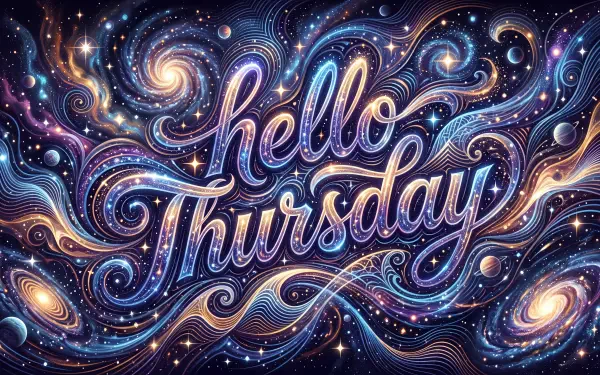 Ornate cosmic lettering reads hello Thursday amid swirling galaxies and stars, flowing typography and lettering details — 5K Ultra HD greeting PC desktop wallpaper