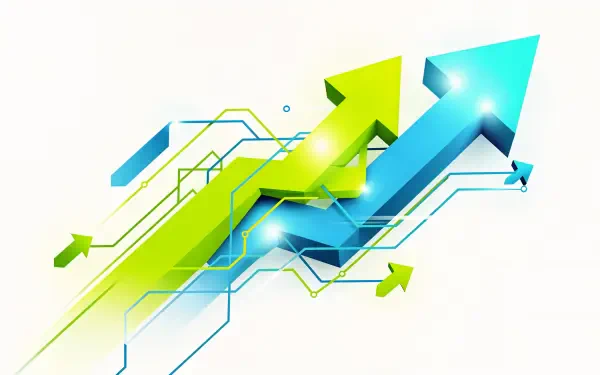4K Ultra HD desktop wallpaper: overlapping blue and green upward arrows with circuit-style chart lines symbolizing productivity and growth.