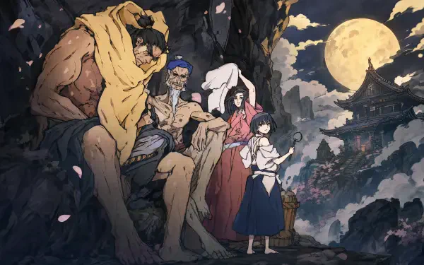 4K Ultra HD PC desktop wallpaper for Sekiro: No Defeat — a hulking monster and battered warriors flank two women and a child under a full moon, temple atop rocky cliffs.