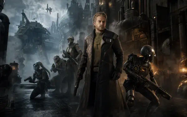 Star Wars: Zero Company video game 4K Ultra HD PC wallpaper of a lone man in a trench coat leading armed troopers through a rain-slick industrial city as starfighters patrol above.