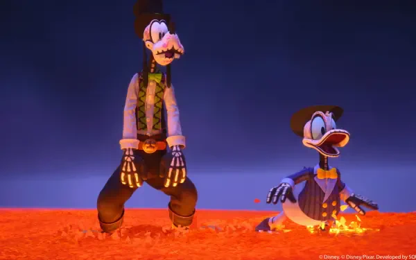4K Ultra HD PC desktop wallpaper: Goofy and Donald Duck from the video game Kingdom Hearts IV (Kingdom Hearts) sitting on a glowing red plain under a deep blue sky.