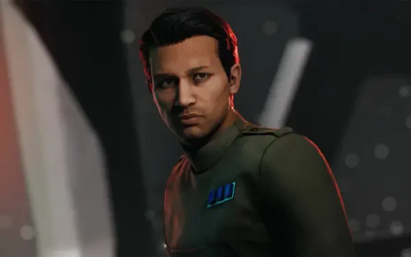 HD PC desktop wallpaper from the video game Star Wars: Zero Company — Bennic Halloren, a stern Imperial officer in uniform set against a dark starship interior.