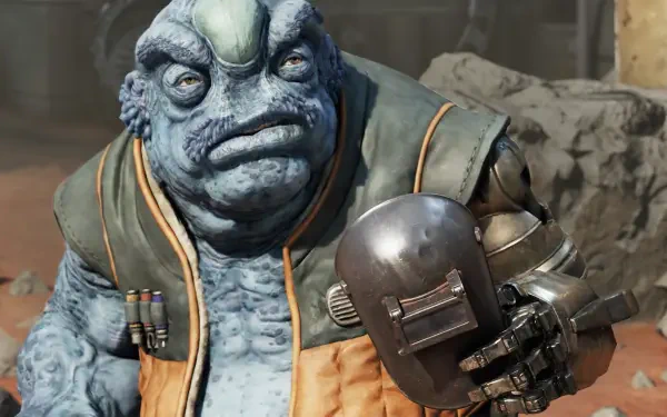 HD PC wallpaper from the video game Star Wars: Zero Company — a blue alien monster holding a helmet in a gritty Star Wars scene.
