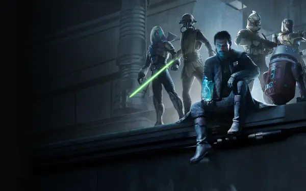 4K Ultra HD PC desktop wallpaper from the video game Star Wars: Zero Company — sci-fi scene of a squad with a green lightsaber, seated merc and droid on a dim industrial ledge.