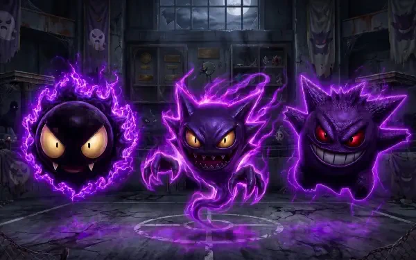 2K Quad HD PC Pokémon wallpaper showing Gastly, Haunter and Gengar in a ruined room, purple auras, glowing eyes and sinister grins conveying fear.
