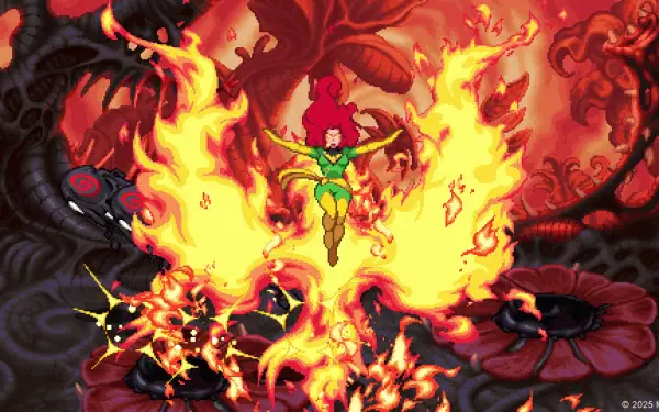 HD PC wallpaper of Phoenix (Marvel Comics): woman superhero rising in flaming, phoenix-shaped fire against a dark, cosmic MARVEL Cosmic Invasion video game background.