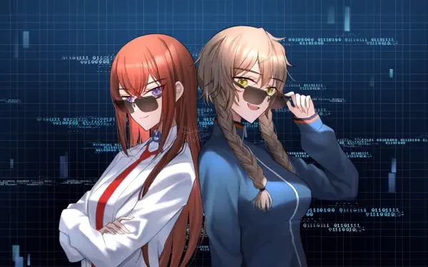 HD anime PC desktop wallpaper of Steins;Gate's Kurisu Makise and Suzuha Amane, back-to-back in sunglasses against a blue digital grid background.