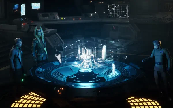 HD PC desktop wallpaper from the Star Wars: Zero Company video game — alien officers gather around a glowing hologram table on a dim command bridge.