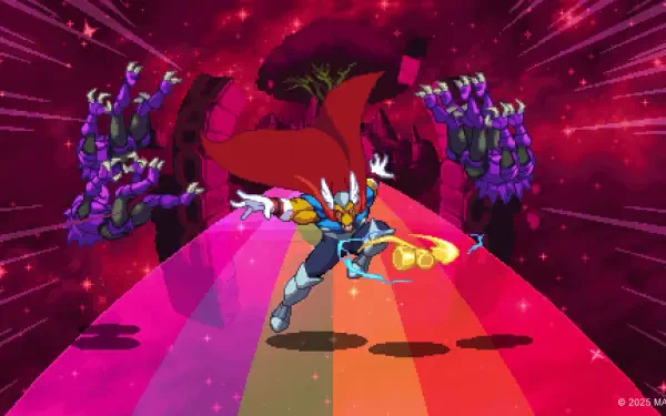 HD PC desktop wallpaper and background featuring Beta Ray Bill from the MARVEL Cosmic Invasion video game: armored superhero races down a rainbow lane toward shadowy foes in a starfield.