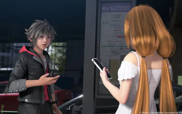 4K Ultra HD PC desktop wallpaper for the video game Kingdom Hearts IV: anime-style scene of two Kingdom Hearts characters at a bus stop, one showing a smartphone.