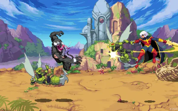 HD PC desktop wallpaper from the video game MARVEL Cosmic Invasion: Phyla-Vell fires energy blasts at alien warriors amid a colorful desert temple landscape.