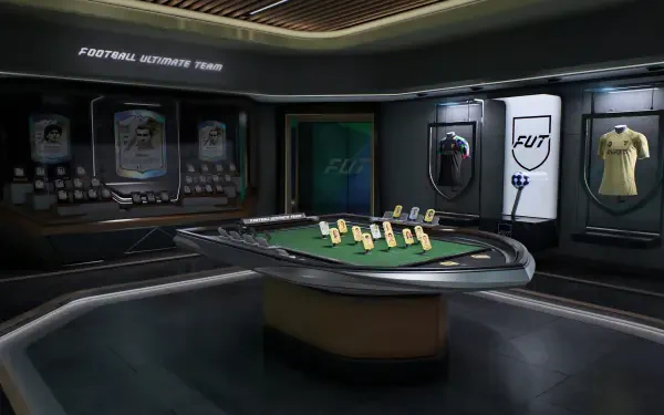 EA SPORTS FC 27 video game 4K Ultra HD PC desktop background: sleek FUT pack-reveal room with illuminated card table, player cards and soccer/football jerseys.