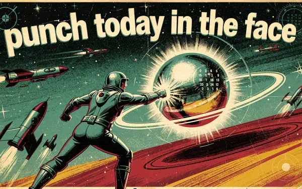 4K Ultra HD PC desktop wallpaper: retro astronaut in space punching a glowing planet with rockets streaking by and the bold caption punch today in the face.