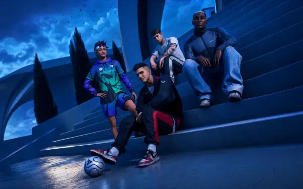 EA SPORTS FC 27 4K Ultra HD PC desktop wallpaper/background: group of four male players (men) posing with a soccer ball on moonlit steps in a stylish urban football scene.