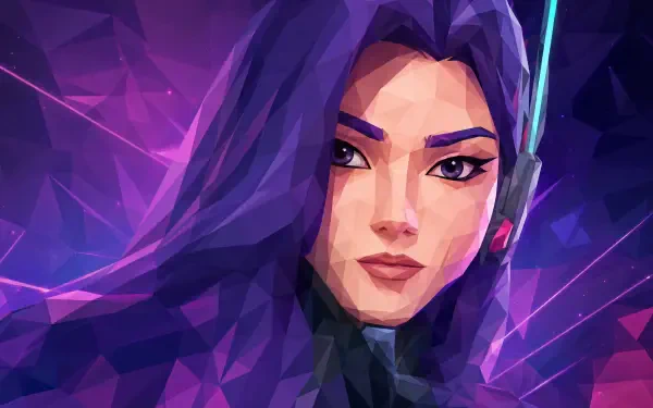 D.Mon stylized portrait of a woman with flowing purple hair and headset, neon geometric background — 4K Ultra HD PC desktop wallpaper.
