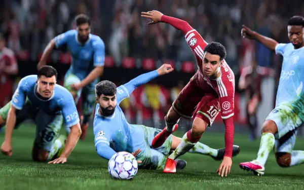EA SPORTS FC 27 video game 4K Ultra HD PC wallpaper: red-shirted soccer player diving for the ball amid light-blue defenders in an intense football match.