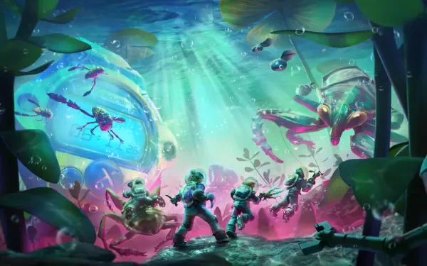 Grounded 2 underwater sci-fi 2K Quad HD PC wallpaper: tiny explorers in diving suits face glowing alien sea creatures and bioluminescent plants.